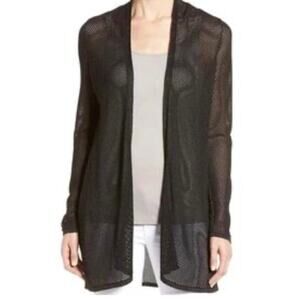 EILEEN FISHER Black Mesh Knit Open Front Cardigan Sweater Long Sleeve 1X